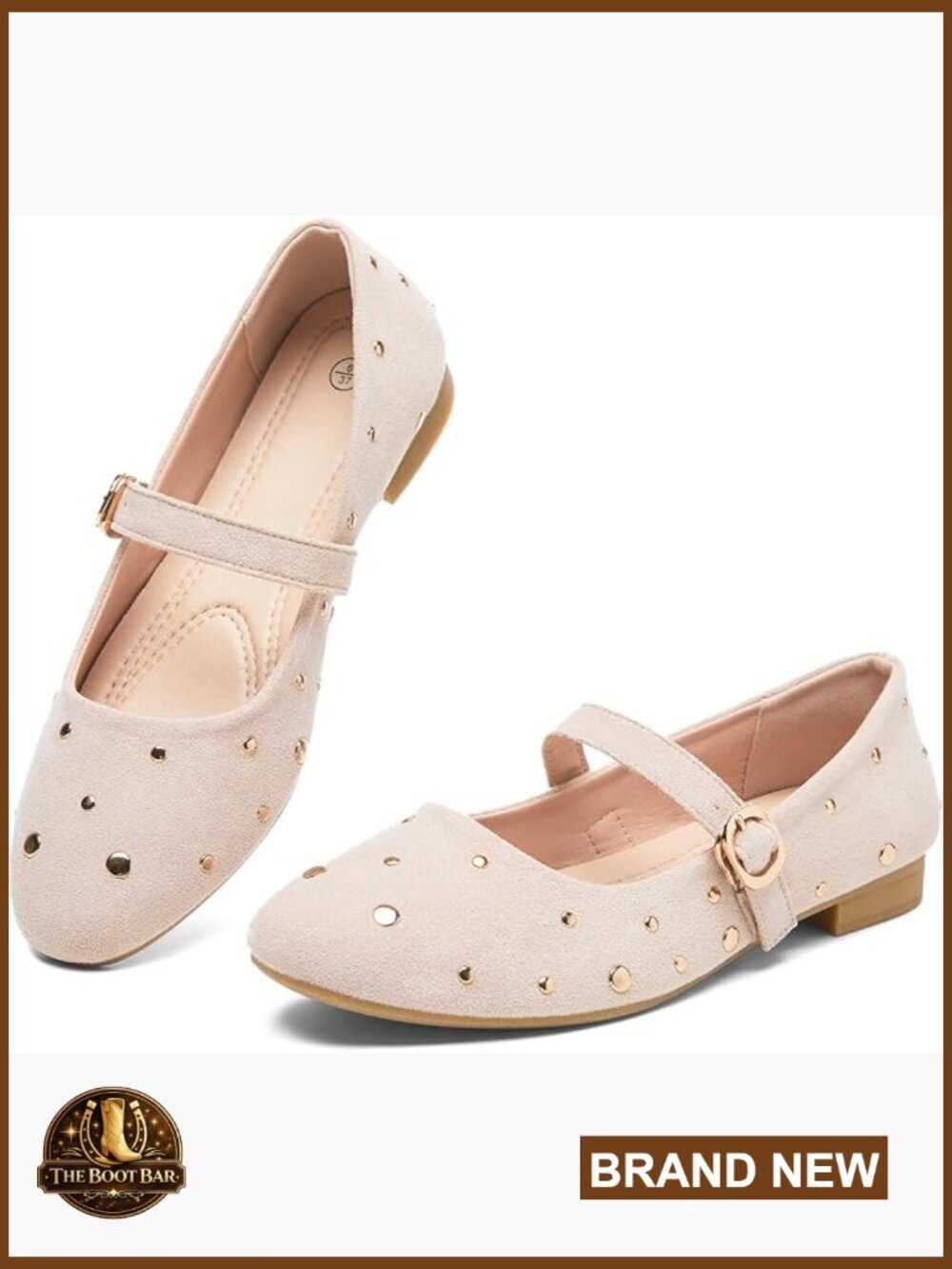 Studded Suede Ballet Mary Jane Flats with Ankle Strap Lightweight